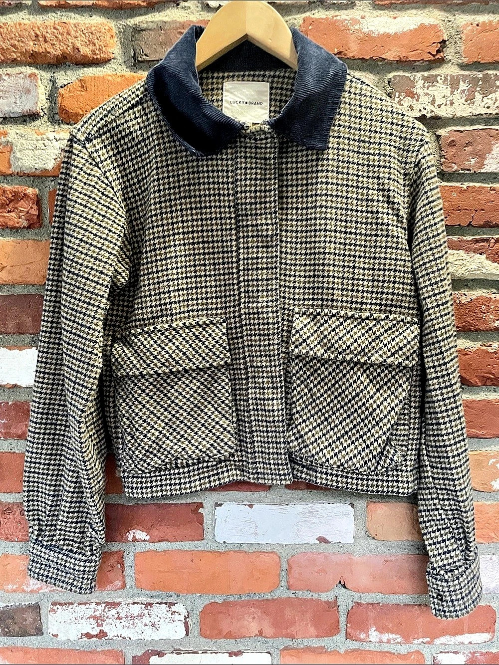 Cropped Lucky Brand Houndstooth Utility Jacket Blue & Cream Medium - Picture 2 of 10